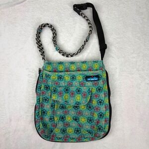 KAVU Sidewinder Crossbody Bag Teal Floral Canvas Rope Strap Shoulder Bag